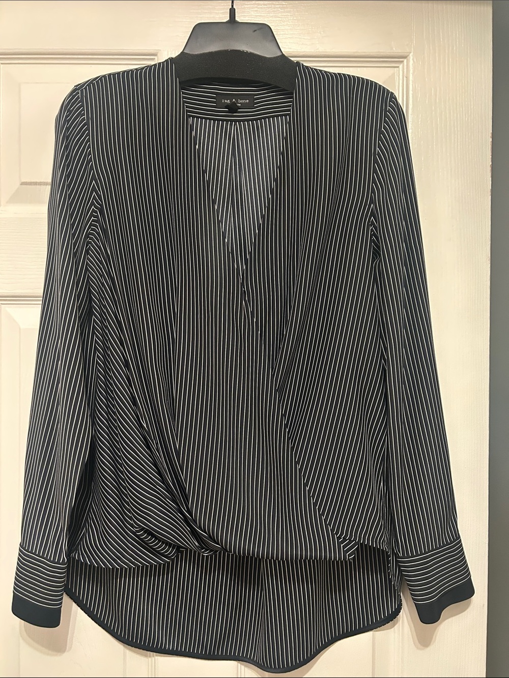 DVF-Inspired Black & White Pinstripe Wrap Blouse - Women's